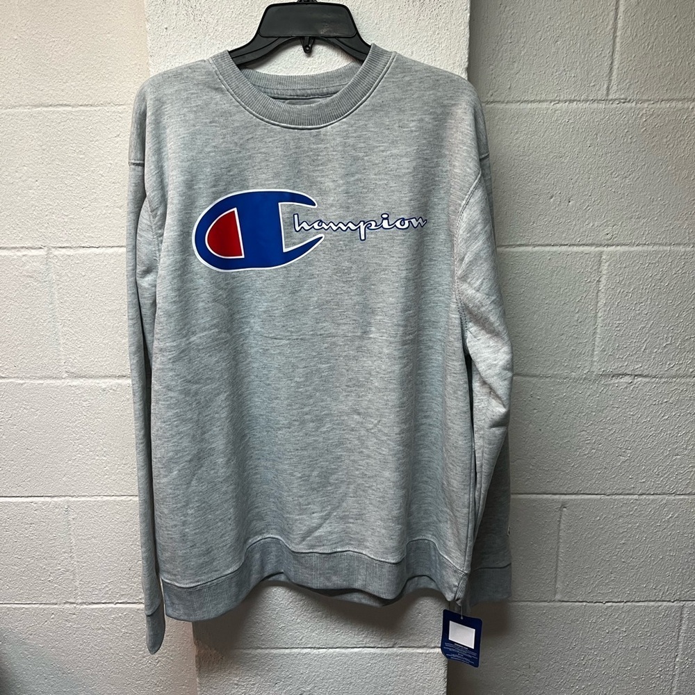 Champion Men's Crewneck Sweater in Gray with Blue Logo. XL